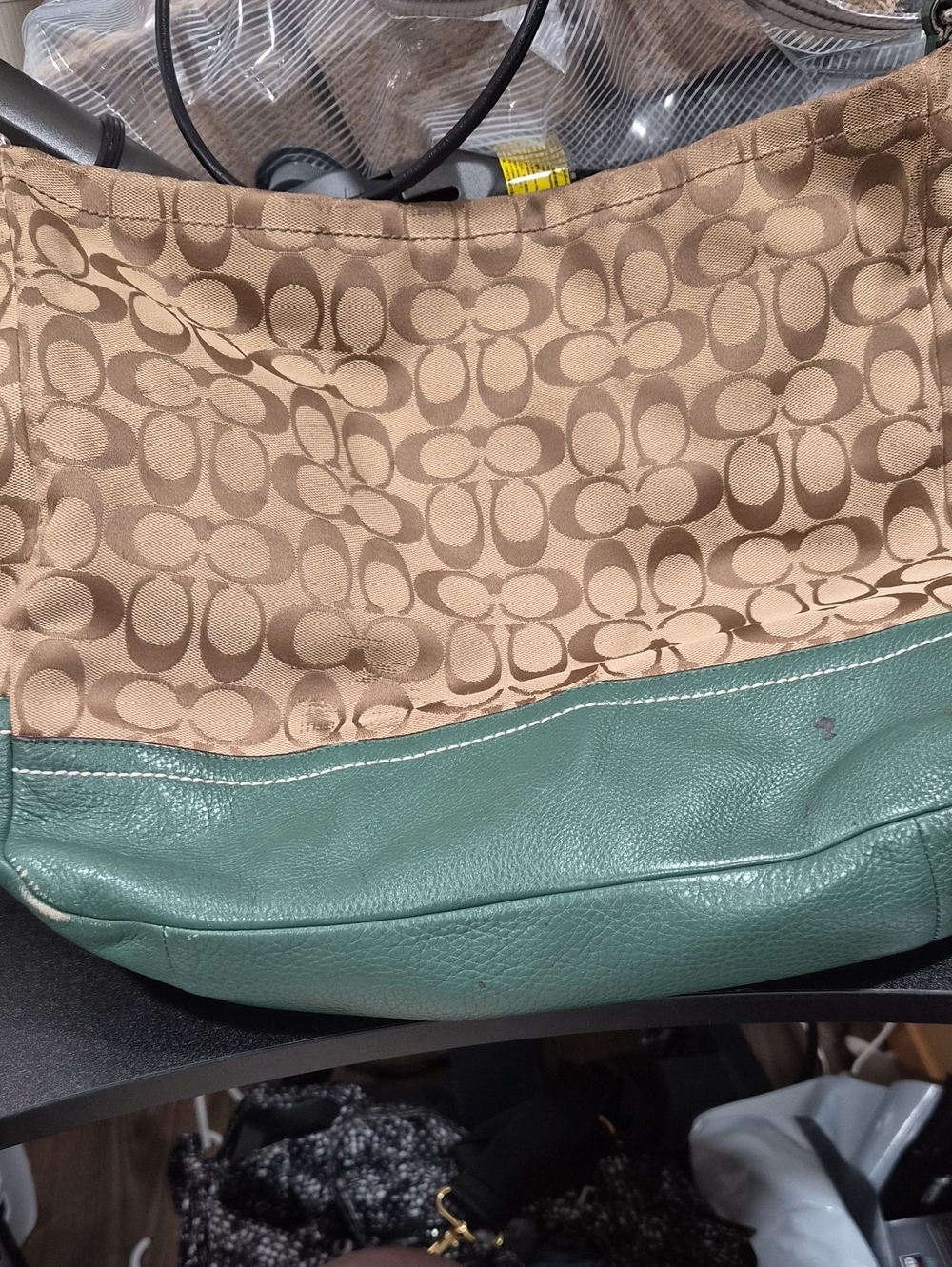 Coach Canvas Shoulder Bag in Tan and Green Leather Trim